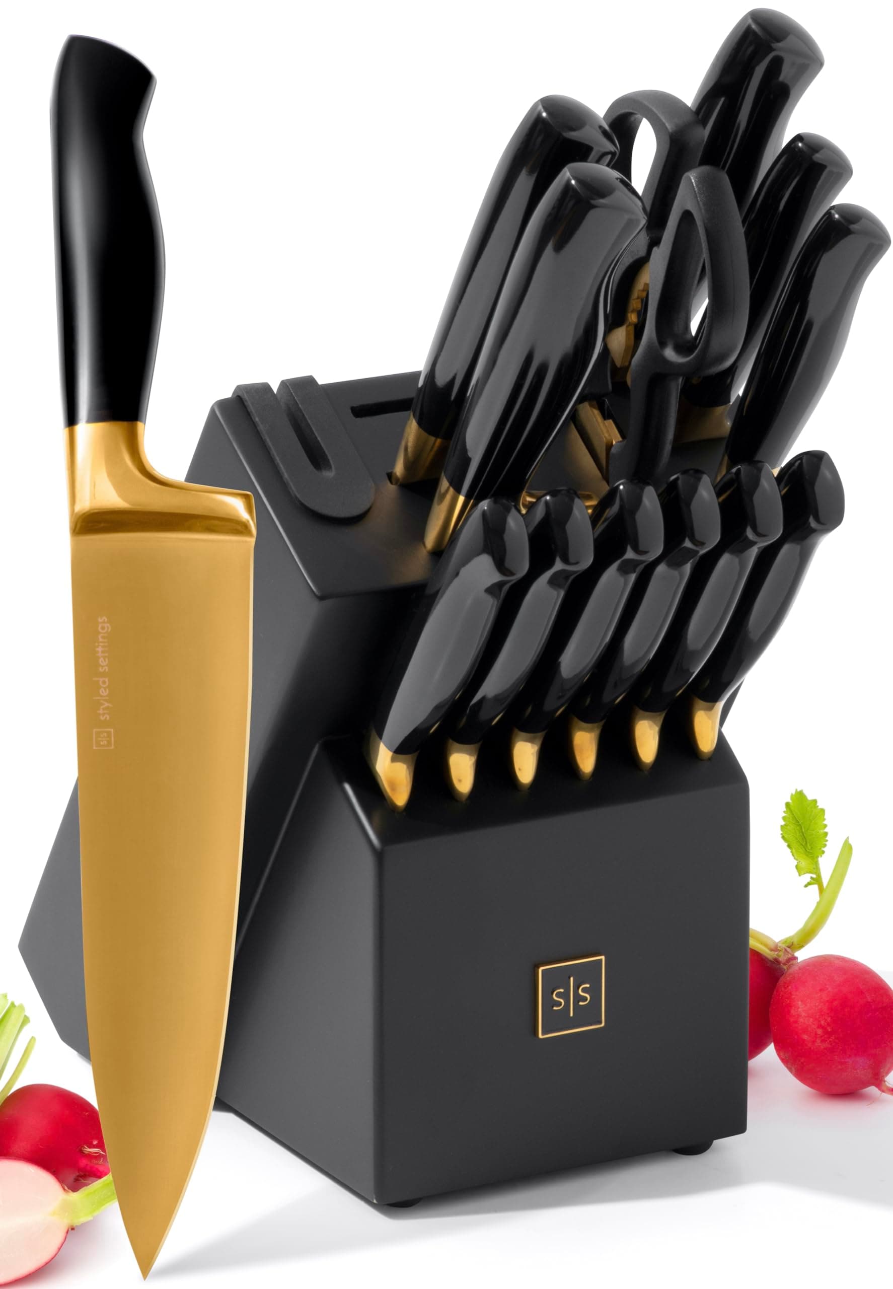 Black and Gold Knife Set with Block and Sharpener – 14-Piece Full Tang Golden Knives with Self-Sharpening Knife Block – Gold Kitchen Accessories for Cooking and Prepping; Ideal for Gifting
