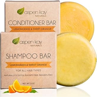 Aspen Kay Naturals Shampoo and Conditioner set, Solid bars, Organic Ingredients, All Hair Types, Sulfate-Free, Cruelty-Free & Vegan. One 3 ounce and one 2.3 ounce bars (Lemongrass & Sweet Orange)
