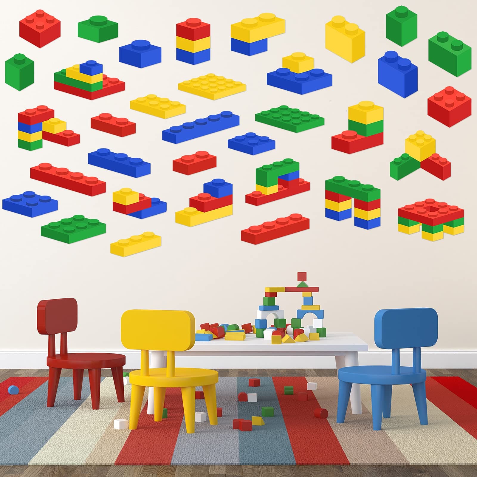 Builders Blocks Wall Sticker Bricks Wall Decal Peel and Stick Building Blocks Wall Decals 4 Colors Bricks Decals for Kids Baby Living Room Nursery Bedroom Classroom Decorations, 3 Sheets