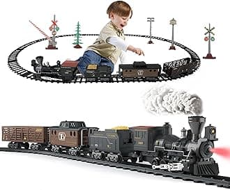 Classic Model Train Set Toy with Steam and Sound, Electric Train for Under The Trees, Cargo Car for Boys & Girls 3 4 5 6 7 Years