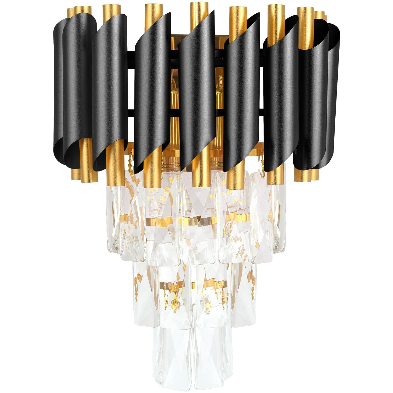 HUA QIANG WANG Modern Crystal Wall Sconce, E14 3-Tier Crystal Wall Light, Black and Gold LED Indoor Wall Lamp, Interior Lighting Decoration for Living Room, Bedroom, Dining Room,Hallway