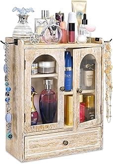 Wooden Countertop Storage Cabinet with Magnetic Door, Adjustable Shelves, Removable Hooks and Drawer for Perfume, Makeup, Pantry, Vintage White, 12.2 W x 6 D x 15.7 H in