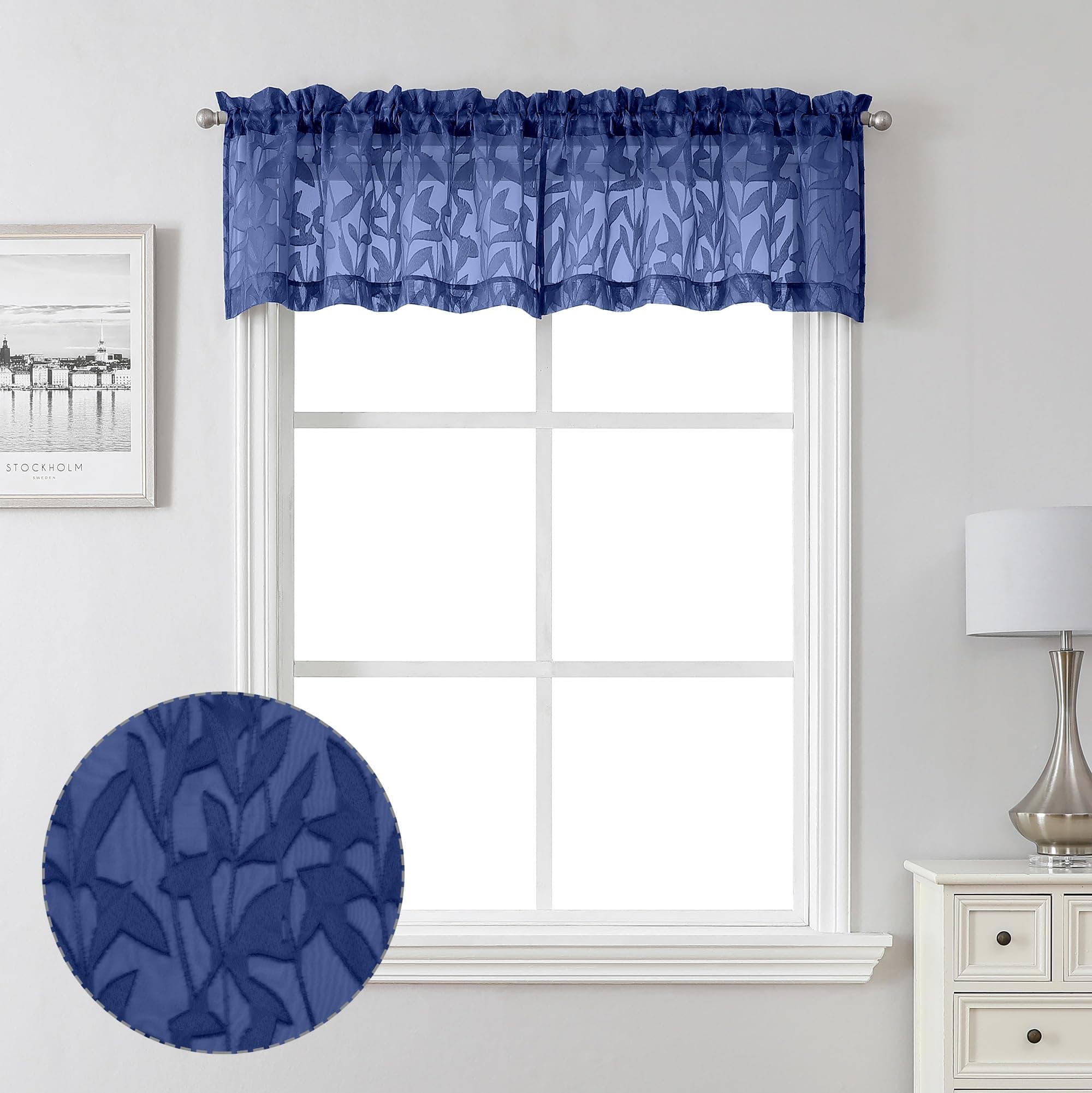 LecloudLeia Sheer Dusty Blue Window Curtains for Kitchen 14 Inch Length 2 PCS, Dual Rod Pockets Window Living Room Curtain Valance, Jacquard Clip Textured Leaf Short Bedroom Drapes, 40 W x 14 L