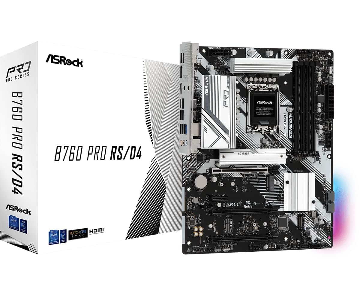 ASRock B760 Pro RSD4 LGA1700 ATX Motherboard - Supports 14th/13th/12th Gen Intel Core, DDR4 5333+ (OC), Dual M.2 PCIe Gen4, 2.5G LAN, USB 3.2 Gen2 Type-C, HDMI/DP, Nahimic Audio