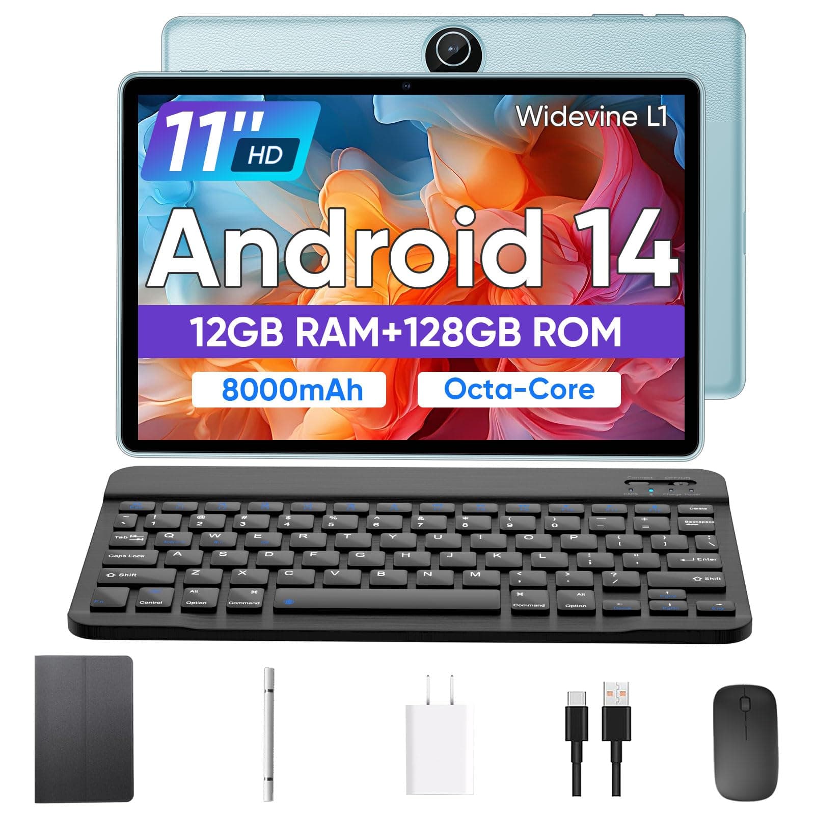 Tablet 11 inch Android 14 Tablet, 12GB RAM+128GB ROM, Octa-Core Tablets with Keyboard, GPS, 8000mAh, 800x1280 FHD Display, Dual Camera, WiFi, Bluetooth (Blue)