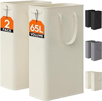Lifewit 2 Pack Slim Laundry Hamper, Collapsible Narrow Laundry Basket, Small Tall Dirty Clothes Hampers with Handles for Bathroom Bedroom College Dorm, White, 65L