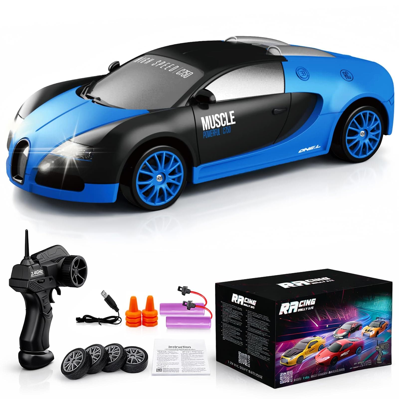 Remote Control Car RC Drift Car 2.4GHz 1:24 Scale 4WD 15KM/H High Speed Model Vehicle with LED Lights Drifting Tire Racing Sport Toy Car for Adults Boys Girls Kids Gift 2Pcs Rechargeable Batteries