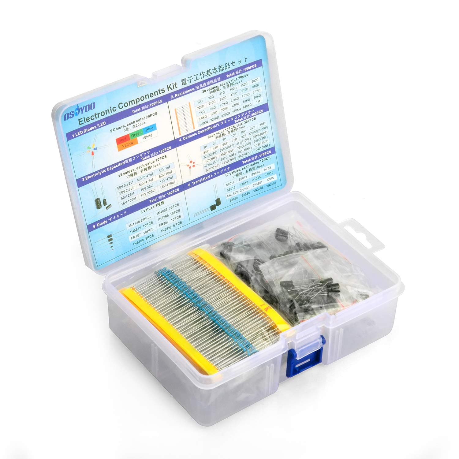 Osoyoo Electronic Component Kit (Total 1390 pcs) - LED Diodes, 30 Values Resistors, Electrolytic Capacitor Package, Ceramic Capacitors, Common Diodes, Common Transistor
