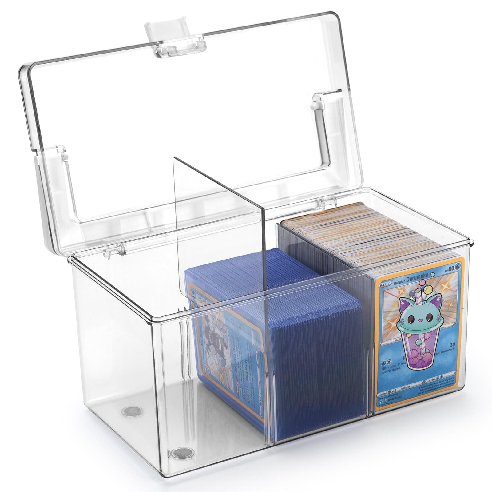 – Trading Card Storage Box with Handles, Large Capacity Clear Plastic Playing Card Case for 900 Cards 120 Toploaders, Toploader Storage Box with Removable Dividers, Fit for Standard Card, Gift for Kid