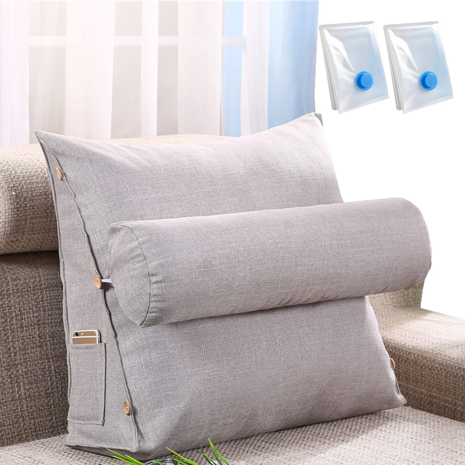 IS MUHE Bed Rest Reading Pillow with Adjustable Neck Roll，Wedge Shaped Back Support and Cushion,Large Backrest Wedge-Shaped Triangle Pillow，Reading, Gaming, Watching.(Grey)