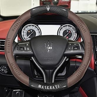 New Compitable with Maserati Leather Steering Wheel Cover,Stylish Nappa Leather Carbon Fiber Texture Protector,Non-Slip,Universal 15inch Compatible with Maserati Accessories (New Mase-Brown)