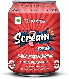 SCREAM YOUR WAY Power Energy Drink: Cola Flavour,0 Sugar,0 Calorie,0 Carb,0 Artificial Color Energy Drink With Bcaa,Natural Caffeine,Sustained Energy-Pack Of 4,250Ml Cans