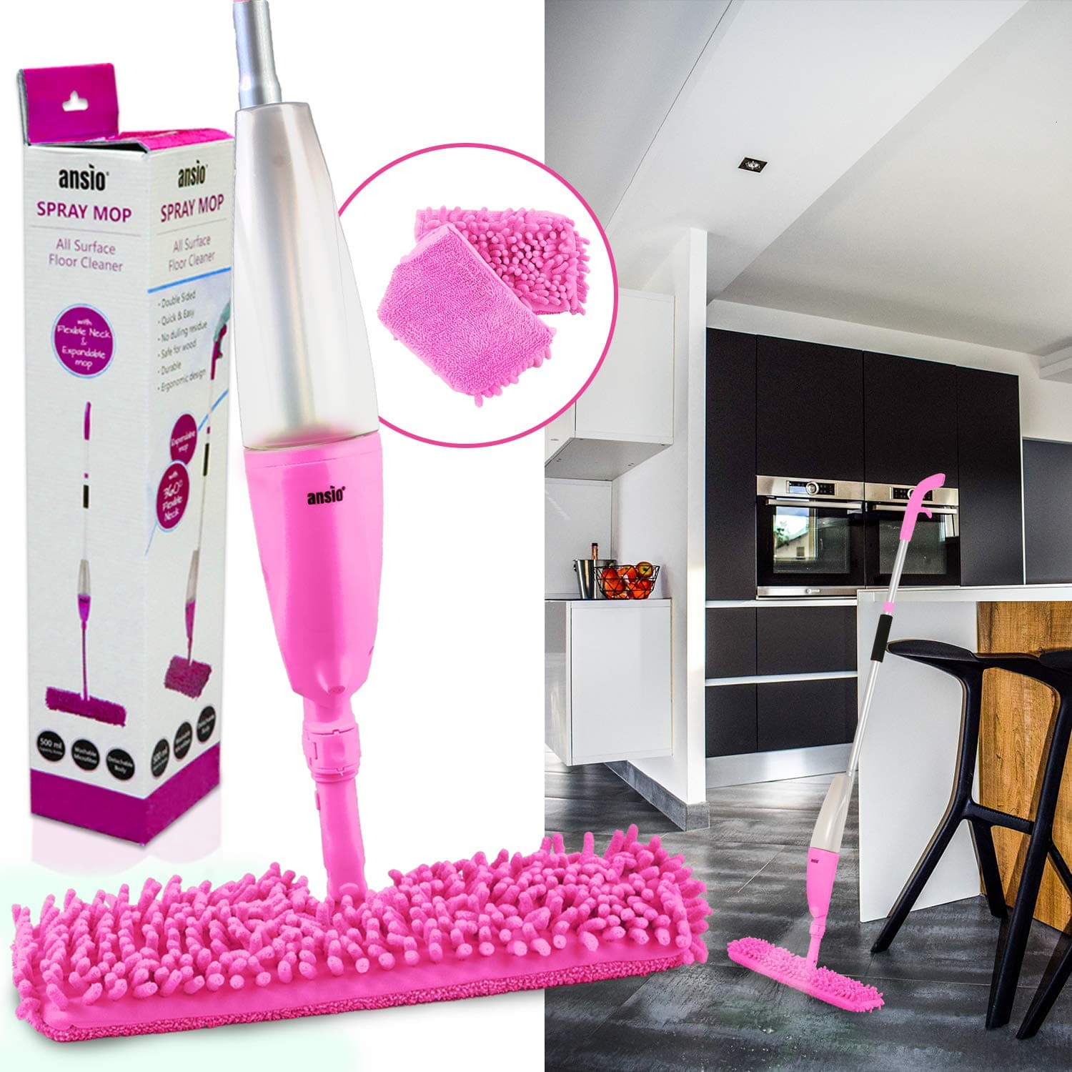 ANSIO Spray Floor Mop with Microfiber Pad (Machine Washable) & Refillable Bottle. Suitable for Wooden, Vinyl, Marble & Tiles Floors - Pink