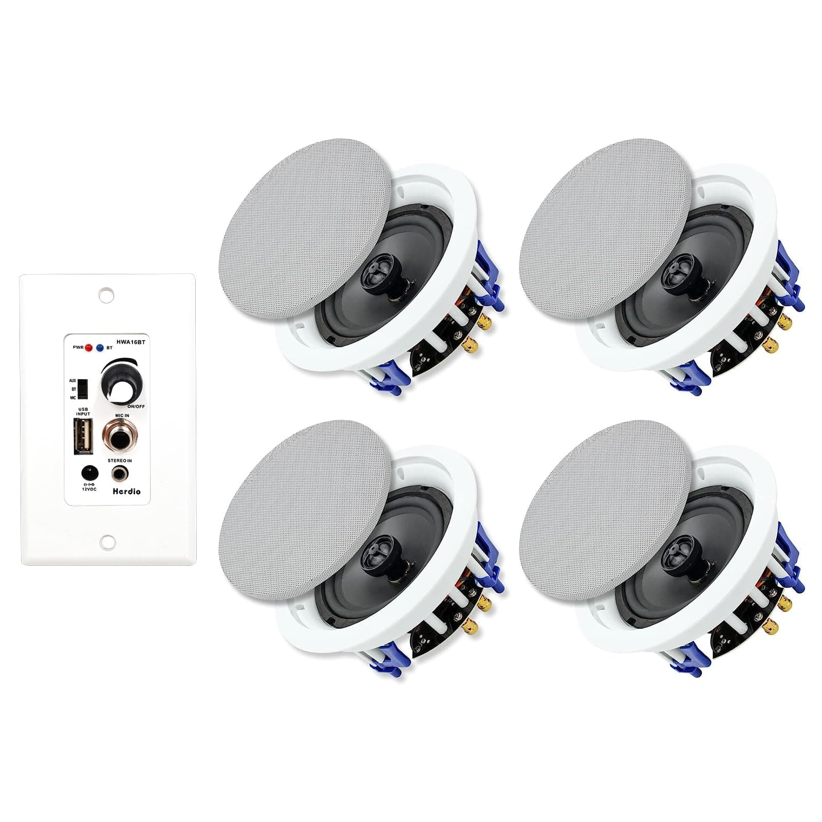 5.25 Inch Bluetooth Ceiling Speakers Max Power 600W 2-Way Flush Mount Plus Wall Mount Amplifier Receiver Suitable for Home Theater Bathroom Living Room Kitchen Office(4 Speakers)