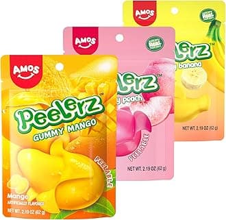 AMOS Peelerz Gummy Variety Pack - 5 Individual Packs, Peelable Fruity Gummies in Mango, Orange, Peach, Grape, and Banana Flavors