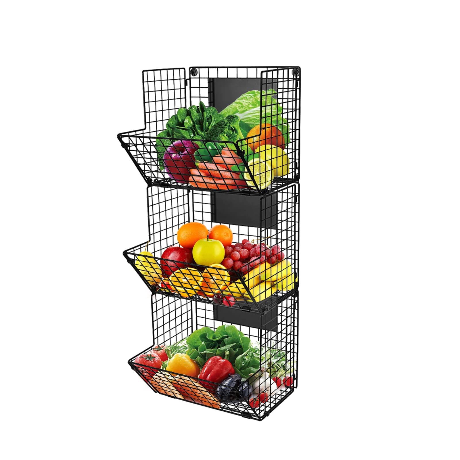 Melody House 3-Tier Wall Mounted Storage Basket Foldable Organizer, Hanging Metal Wire Basket with Chalkboards, Kitchen Fruit Produce Pantry Bathroom Laundry Organization Office Garage Storage, Black