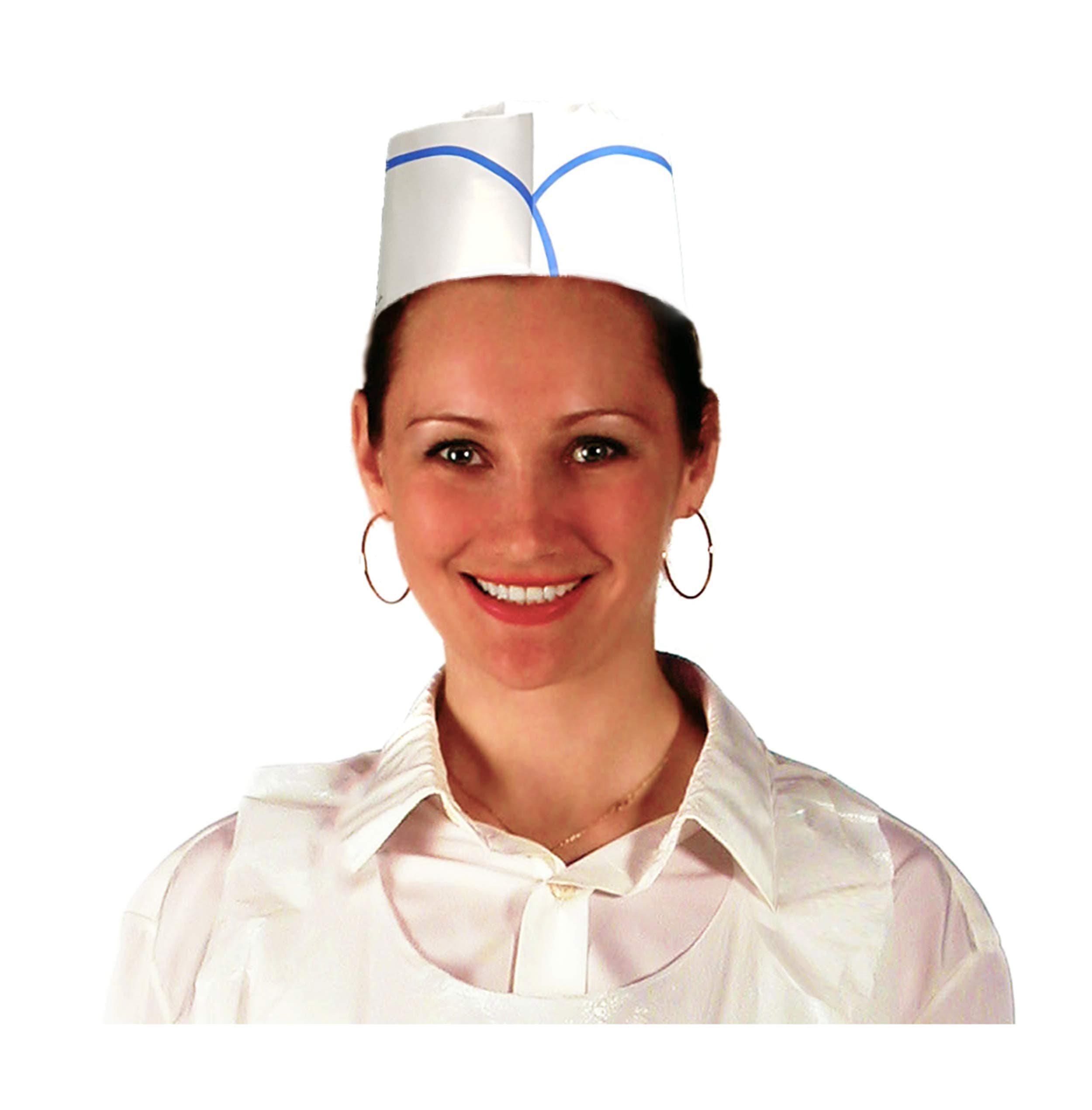 Paper Cap Chef Hat, White with Blue Strip, One Size, Pack of 20pcs