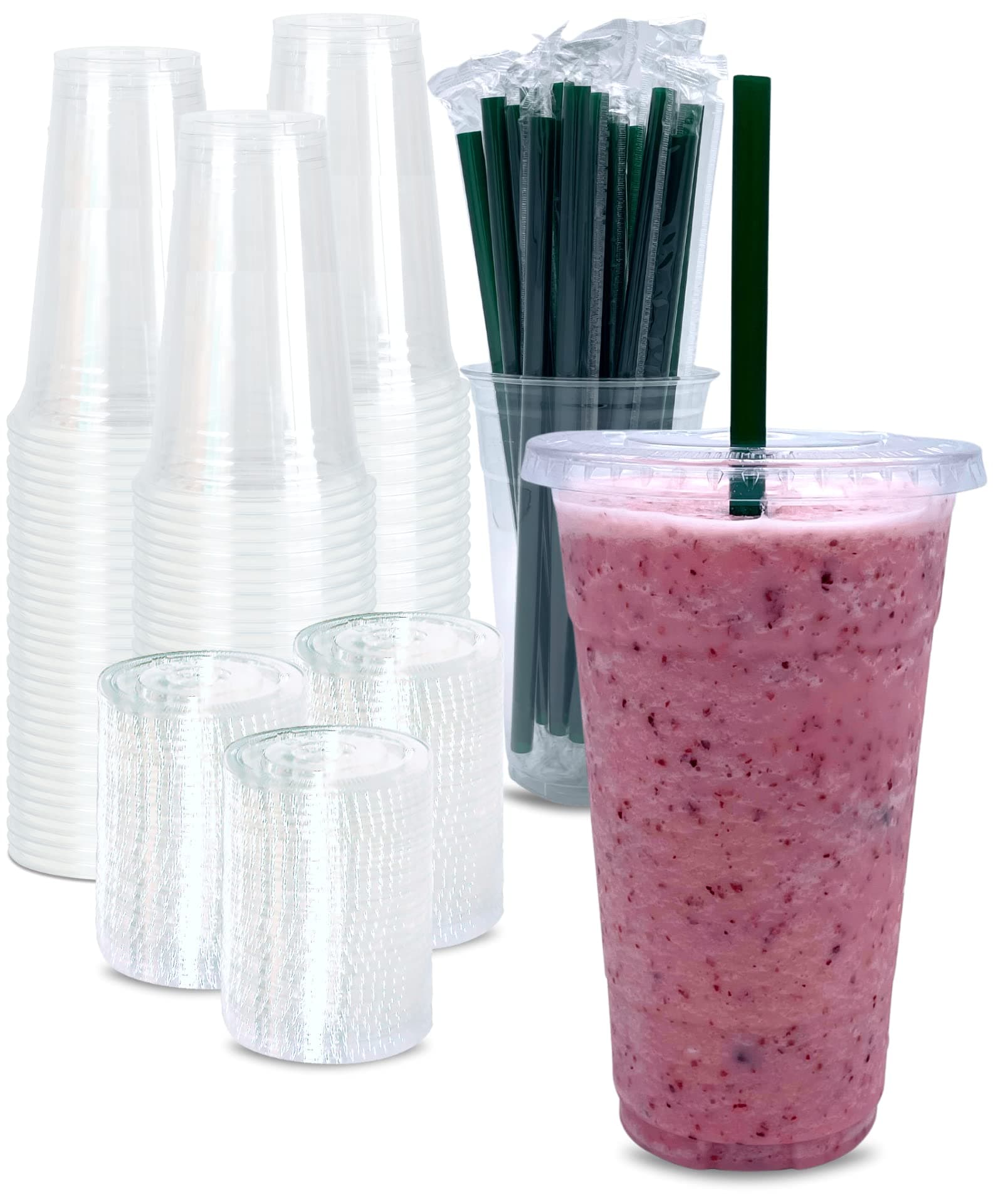 [100 SETS] 24 oz Clear Plastic Cups with Lids and STRAWS, Disposable Iced Coffee cups with Lids, Clear Cups with Lids for Cold Drinks, Iced Tea, Milkshakes, Smoothies