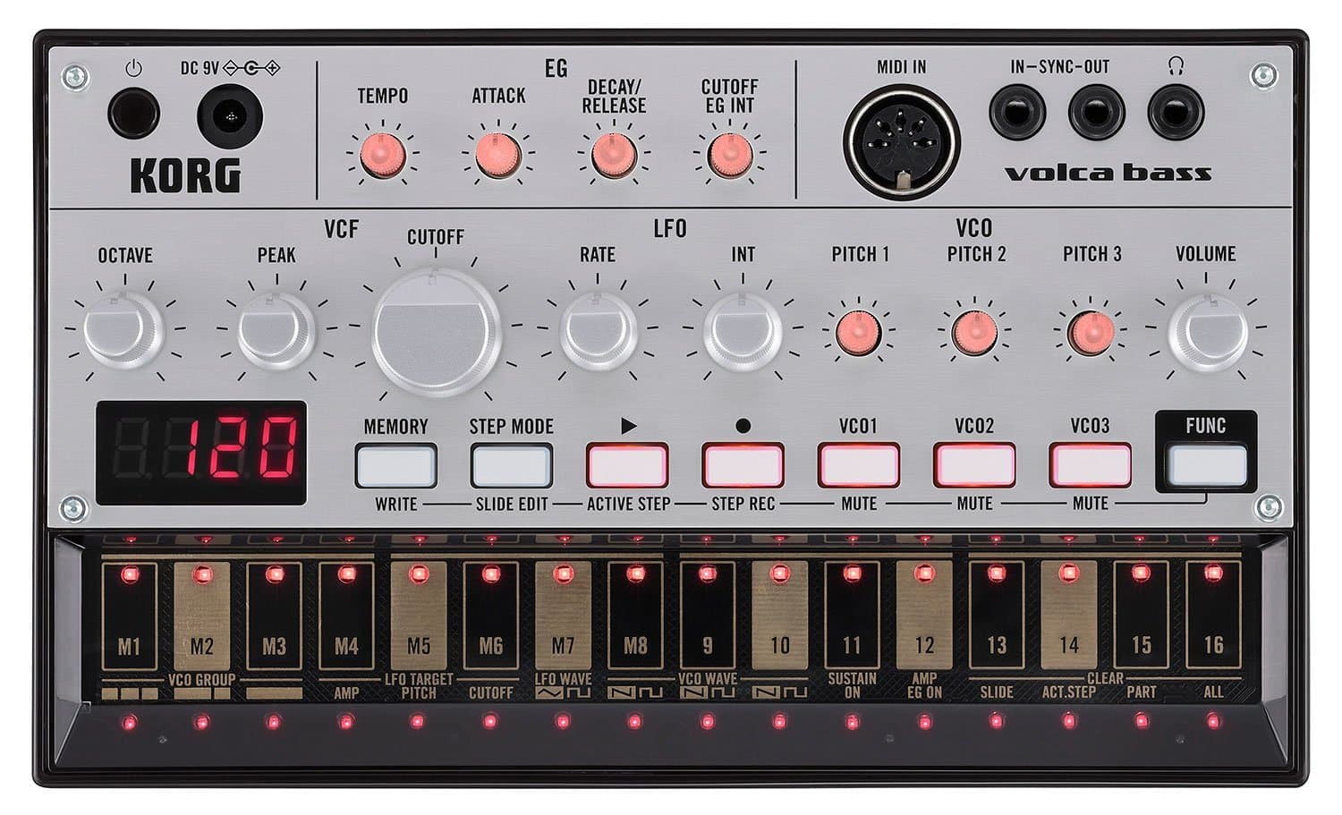 Korg Volca Bass Analog Synthesizer w/Three Oscillators and 16-step Sequencer