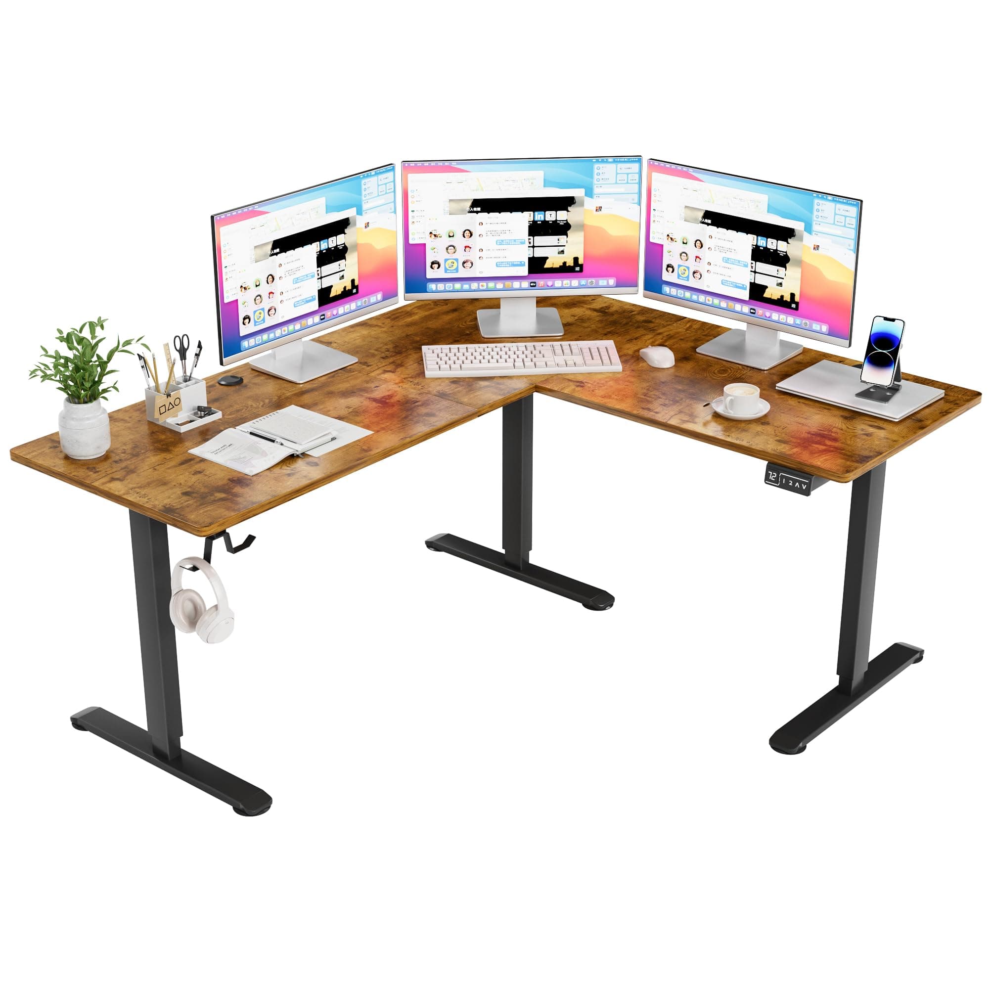 Furmax 63 x 55 Inch L Shaped Standing Desk with 2 Preset Heights, Electric Height Adjustable Computer Table, 2 Hooks & Feet Balance, Corner Sit Stand Desk for Home Office (Rustic Brown)