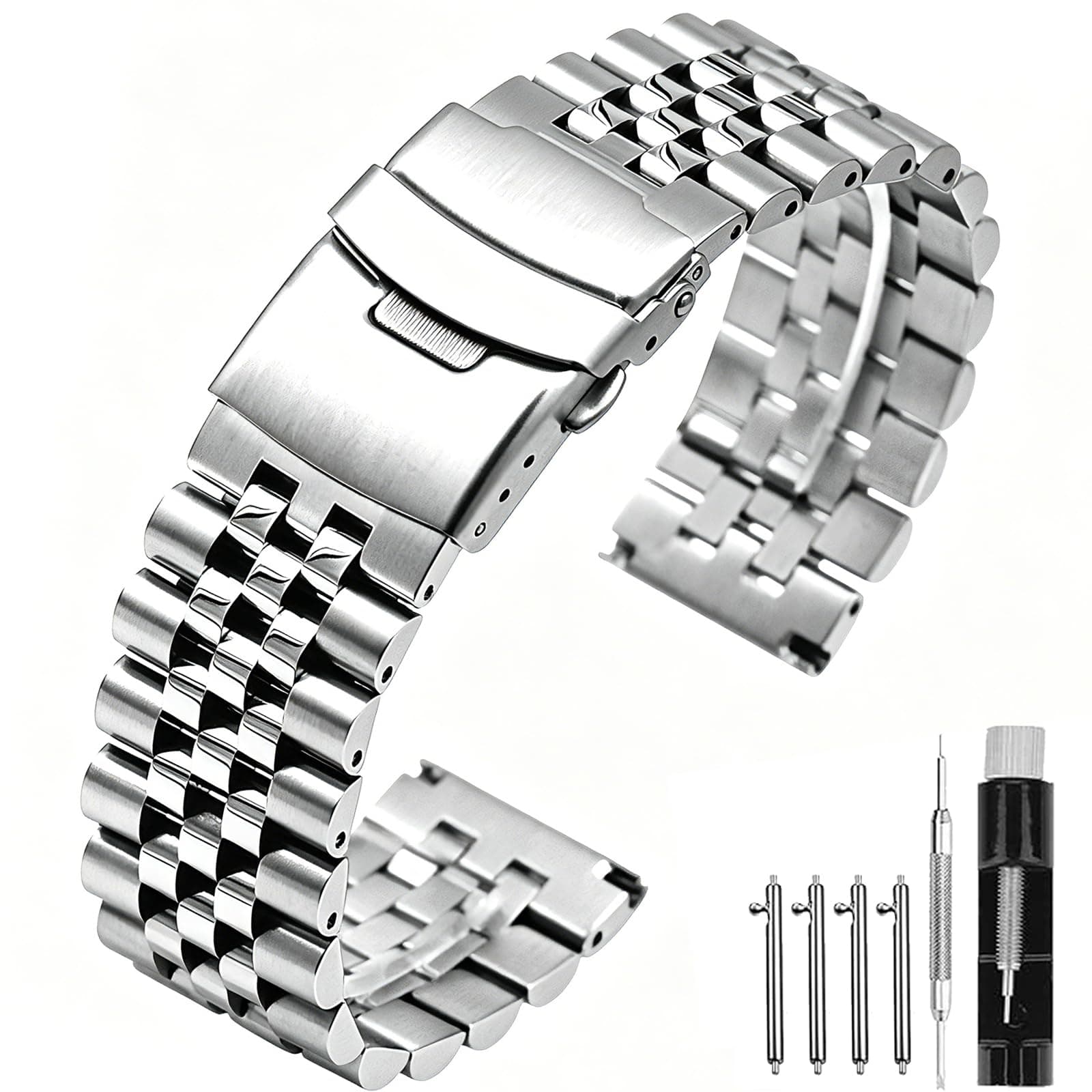 Super Brushed & Polished 3D Solid Silver Stainless Steel Watch Bracelet Band 20mm 22mm 24mm Security Double Deployment Buckle