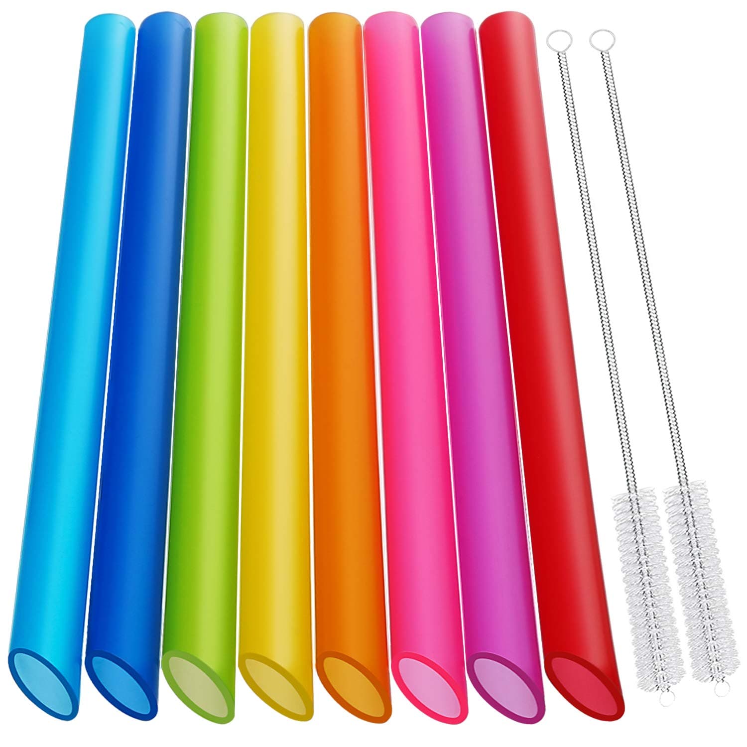 HIWARE 8 Pcs Multi Colors Angled Tips Reusable Boba Straws/Smoothie Straws with 2 Cleaning Brushes - Extra Wide, BPA Free Plastic, 10.5" Long, 0.4" Inner Diameter, 10 Pcs
