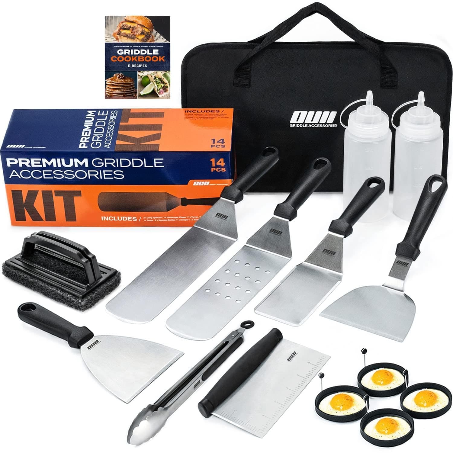 Flat Top Griddle Accessories Set For Blackstone And Camp Chef - 14 Pieces With Cleaning Kit & Carry Bag! Metal Spatula, Scraper, Egg Rings Teppanyaki Gas Grill