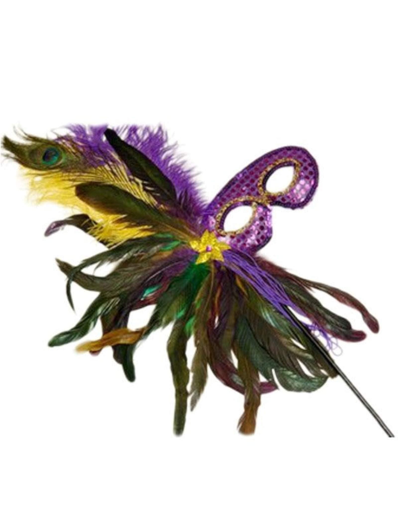 Black Feather Stick Mardi Gras Masquerade Sequin Mask