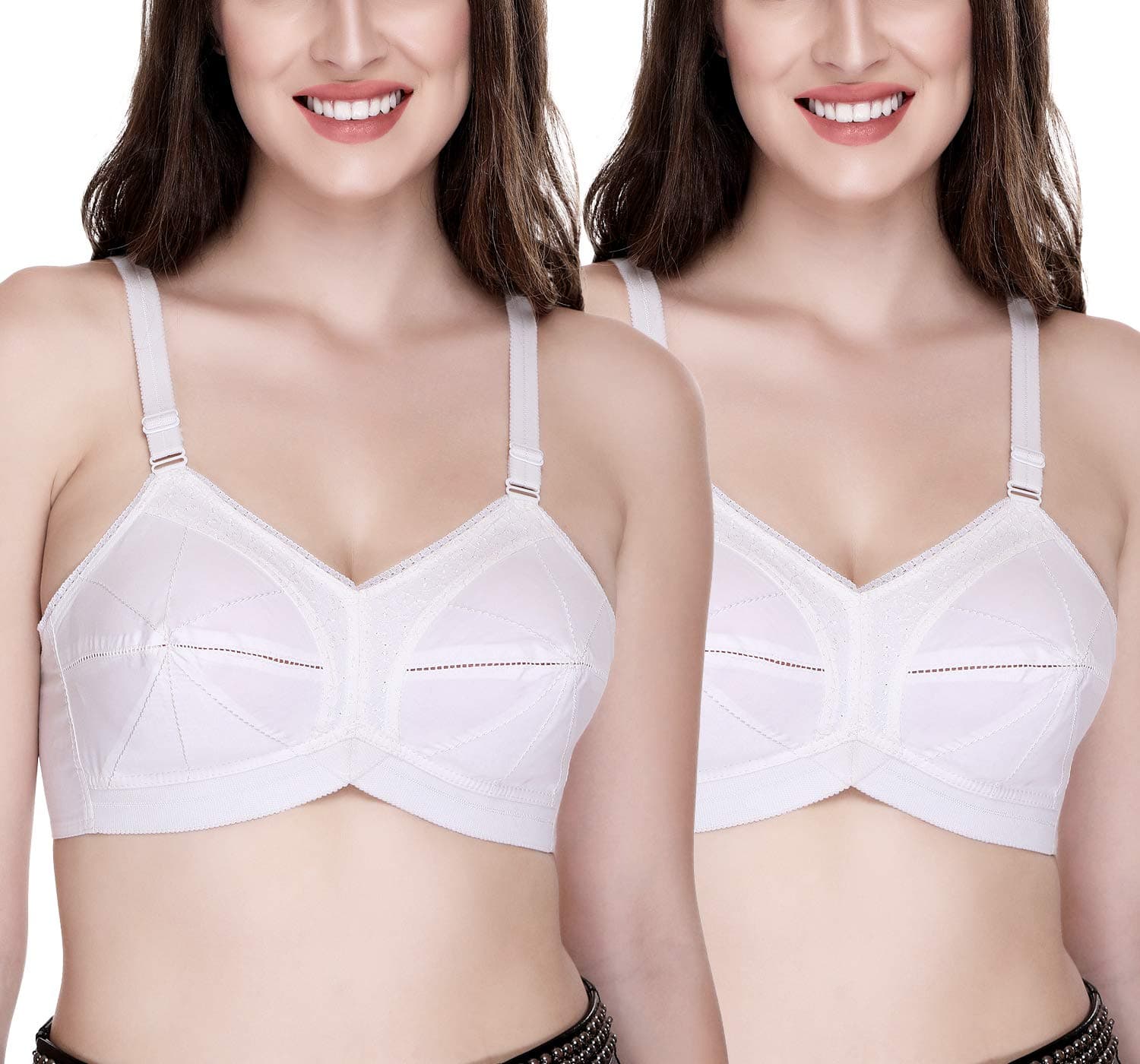 SONAWomen's Ultimate Elastic Straps Full Coverage Non Padded Everyday Bra (White) Pack of 2