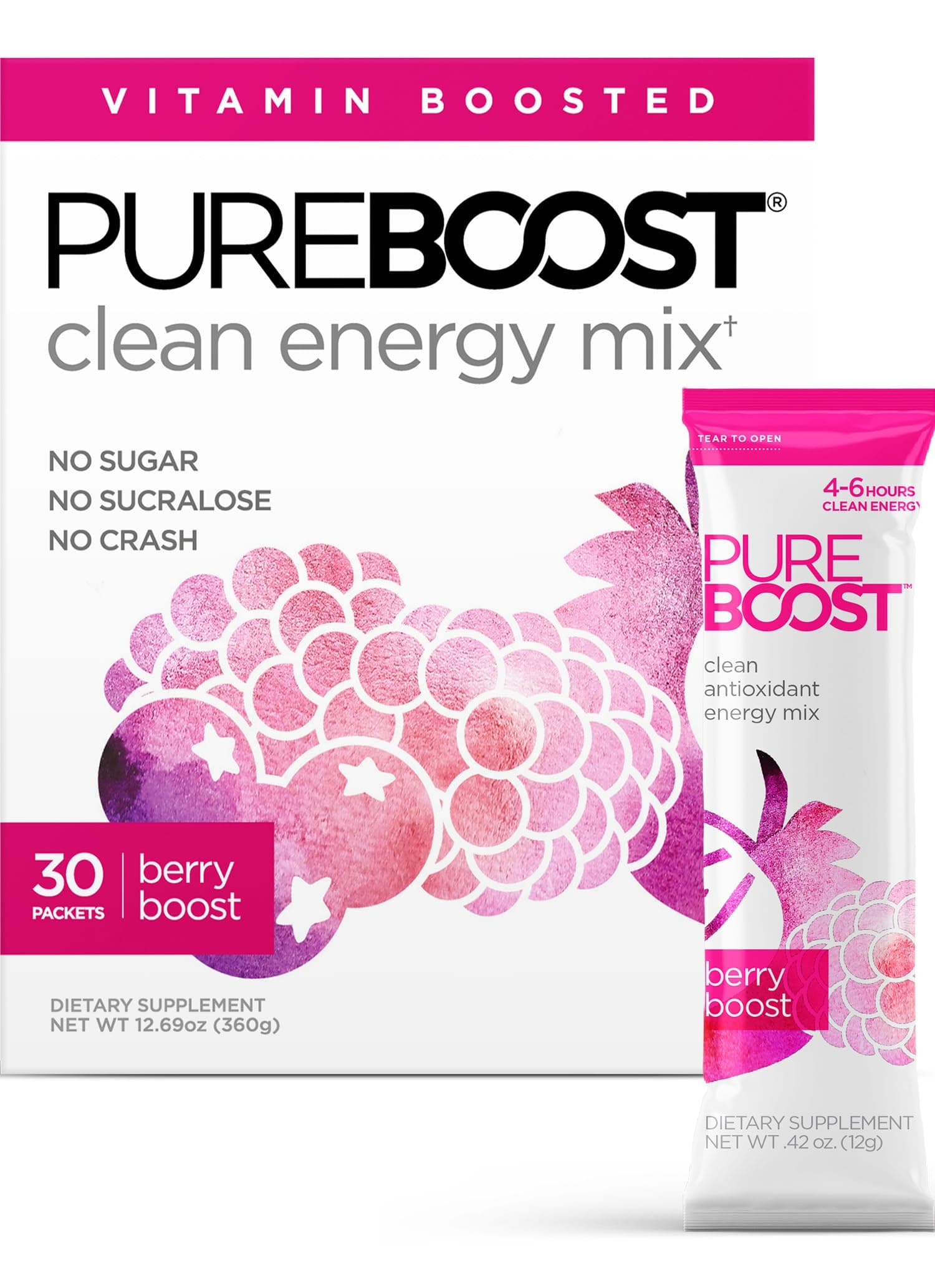 Pureboost Clean Energy Drink Mix + Immune System Support. Sugar-Free Energy with B12, Multivitamins, Antioxidants, Electrolytes (Berry Boost, 30 Count)