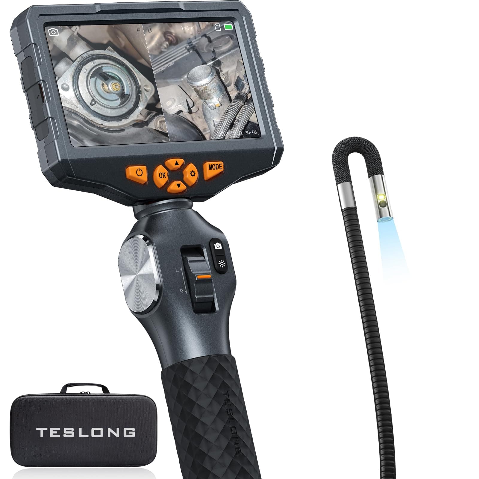 Teslong Articulating Borescope with Dual Lens Camera, 5-inch IPS Endoscope Inspection Camera with Two-Way Articulation Tip, 6+1 LED Lights, Mechanics Fiber Optic Scope-Dia. 0.25 inch & L 5.0 feet
