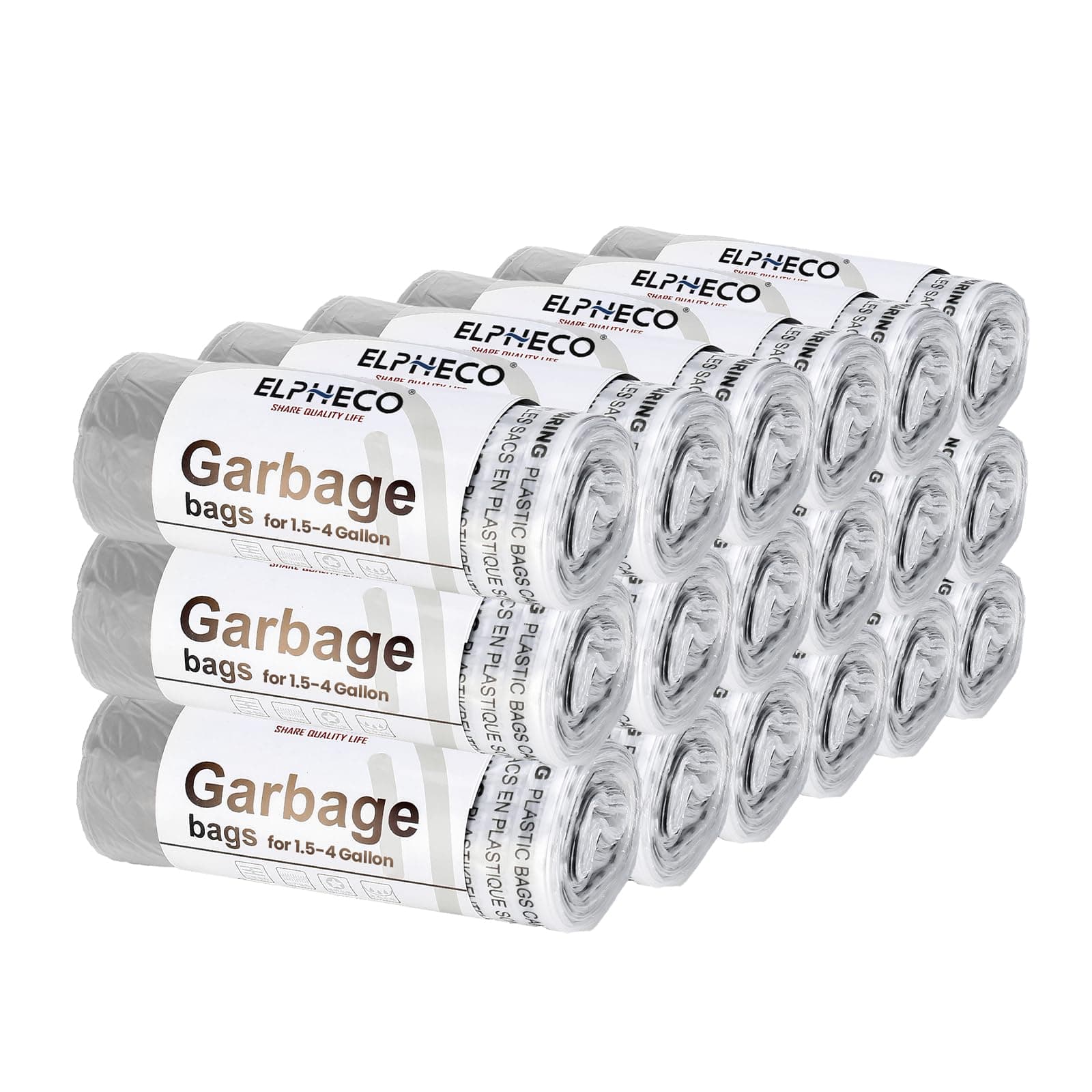 ELPHECO 180 Bin Bags, 15 Liters Drawstring Bin Liners, Tear Resistant Refuse Sacks, For 1.5-4 Gallon Trash Can, 18"×20", 180 Liners / 18 Rolls, Trash Bags for Bathroom, Office, Bedroom, Living Room