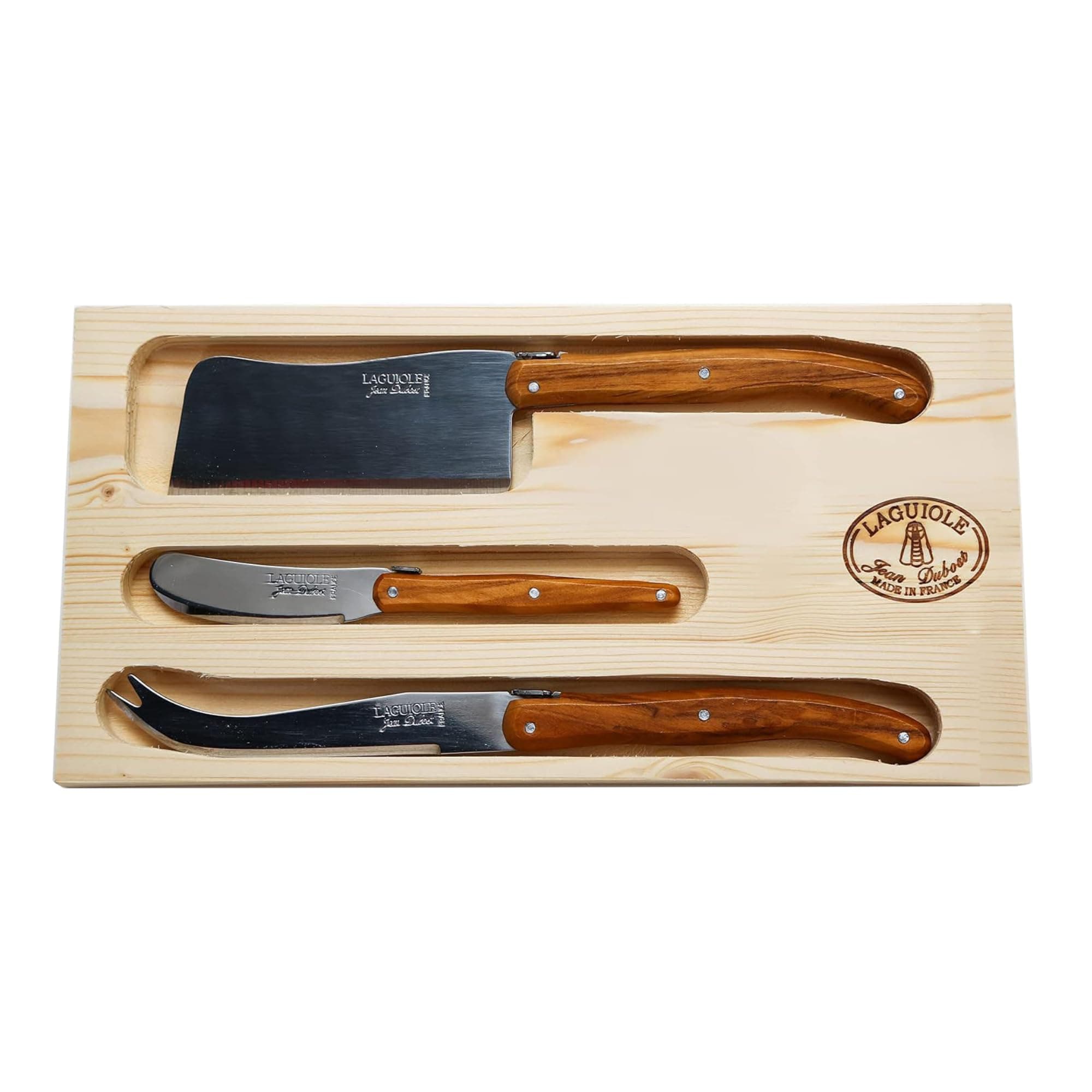 Laguiole Rustic Range 3-Piece Cheese Knife Set, Olive Wood Handles - Rust-Resistant Stainless Steel - Includes Wooden Tray - Made in France