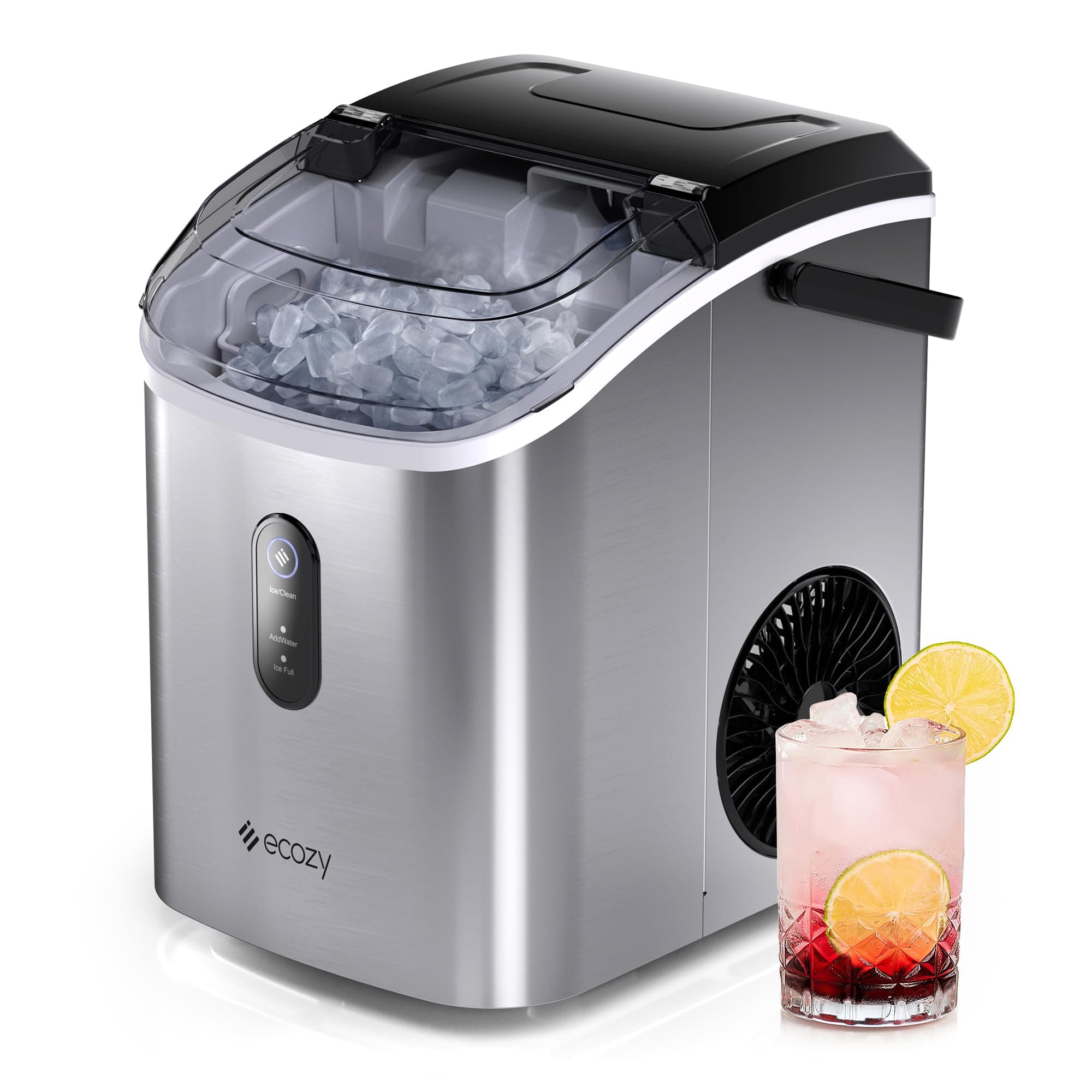 ecozyNugget Ice Maker Countertop with Handle, 33 lbs Chewable Pellet Ice Daily, Self-Cleaning Ice Machine, Includes Ice Bags for Kitchen, Bar, Parties, Stainless Steel