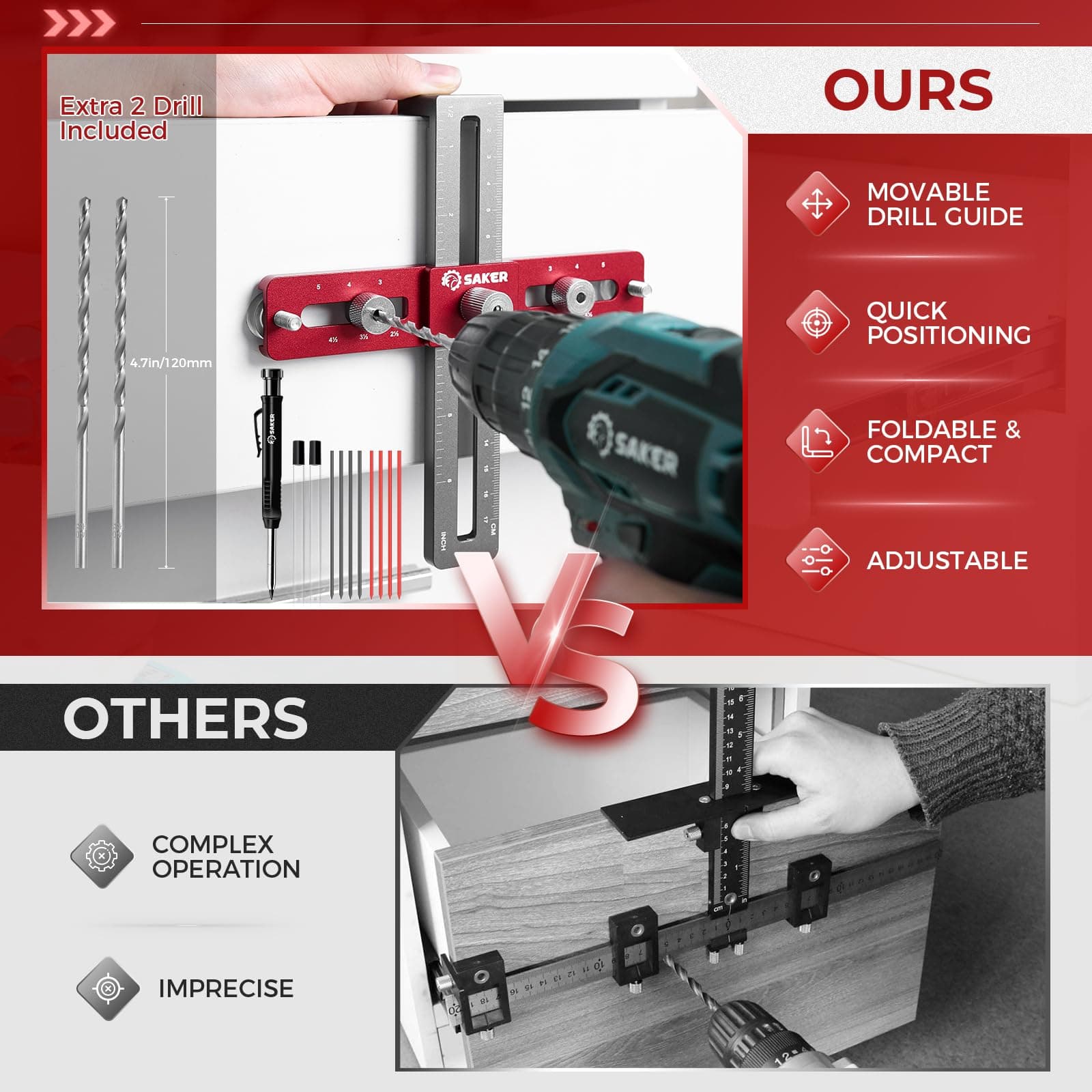 Saker Cabinet Hardware Doweling Jig with Deep Hole Pencil,Adjustable Cabinet Template Tool for Knobs,Handles and Pulls,Self Centering Punch Locator Precise Woodworking Drill Guide