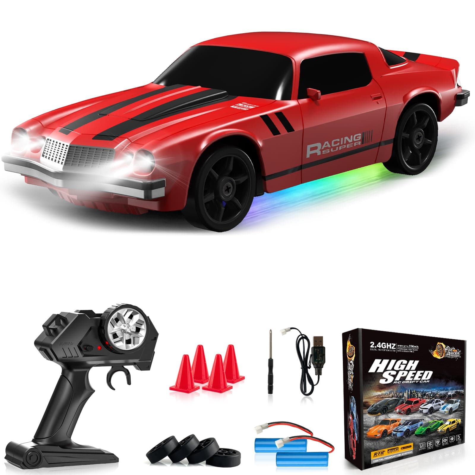 Remote Control Car RC Drift Car 2.4GHz 1:24 4WD 15KM/H High Speed Racing Sport Car with LED Lights Drifting Tire Racing Sport Toy for Adults Boys Girls Kids Gift 2Pcs Rechargeable Batteries