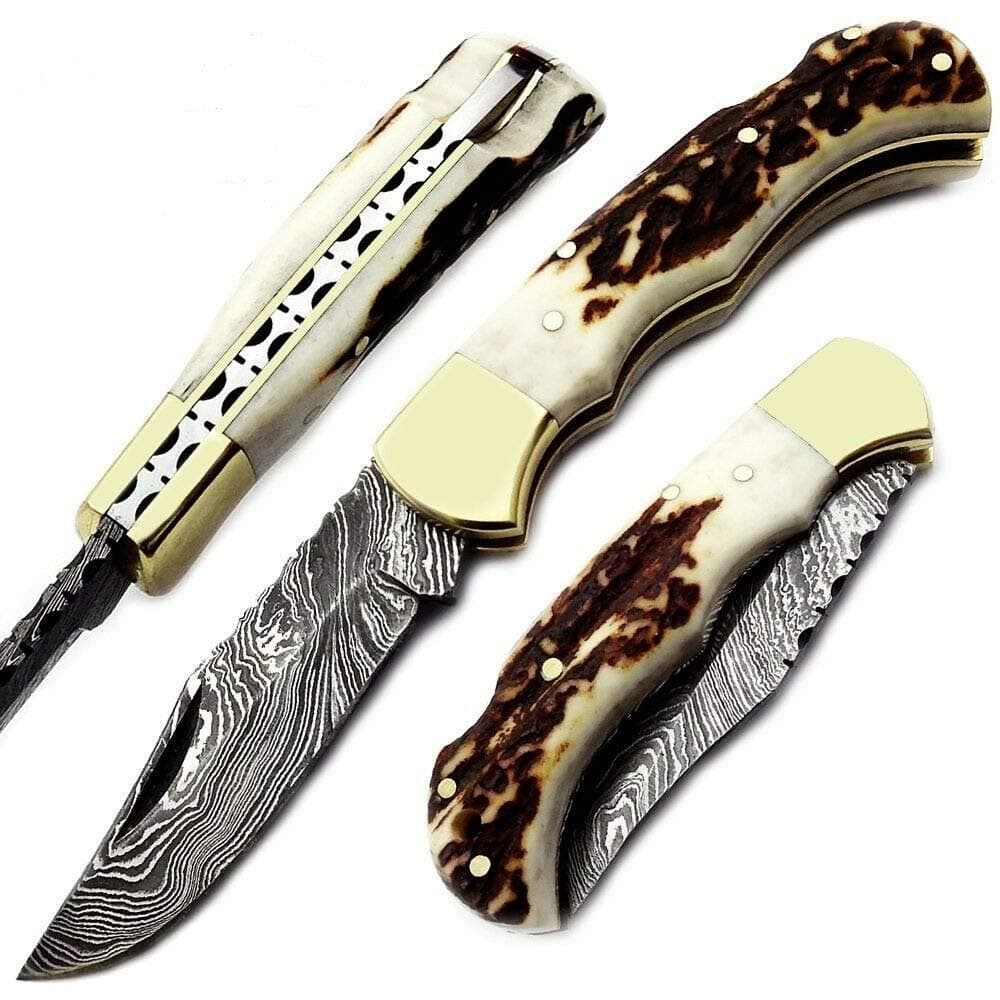 Custom Hand Made Thunder Bird Stag Handle 6.5" Damascus Steel Lock Back Pocket Knife W/Case