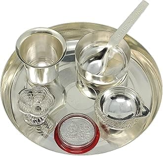 Silver Plated Pooja Thali Set 6 Inch Plate Ganesh Laxmi Coin Kumkum Stand Glass Bowl Spoon Kuber Diya Puja Decorative Items for Home Mandir Office Wedding Return Gift