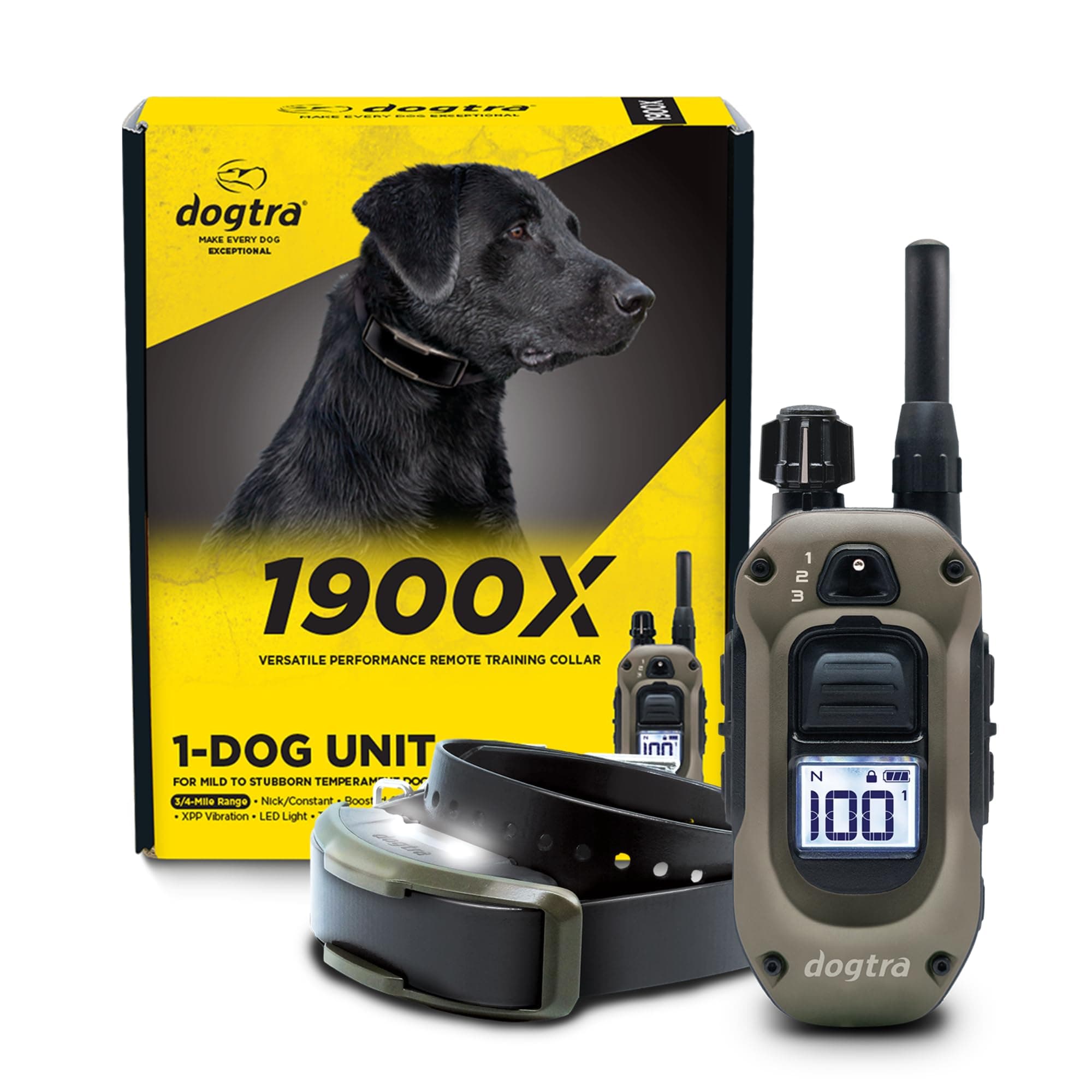 1900X E-Collar with Remote [New Edition] 35 lbs+, 3/4 Mile Range, LED Light, 100 Levels of Precise Control for Stubborn Dogs, Waterproof, Boost for Quick Recall, Vibration, Safety Lock & Tone