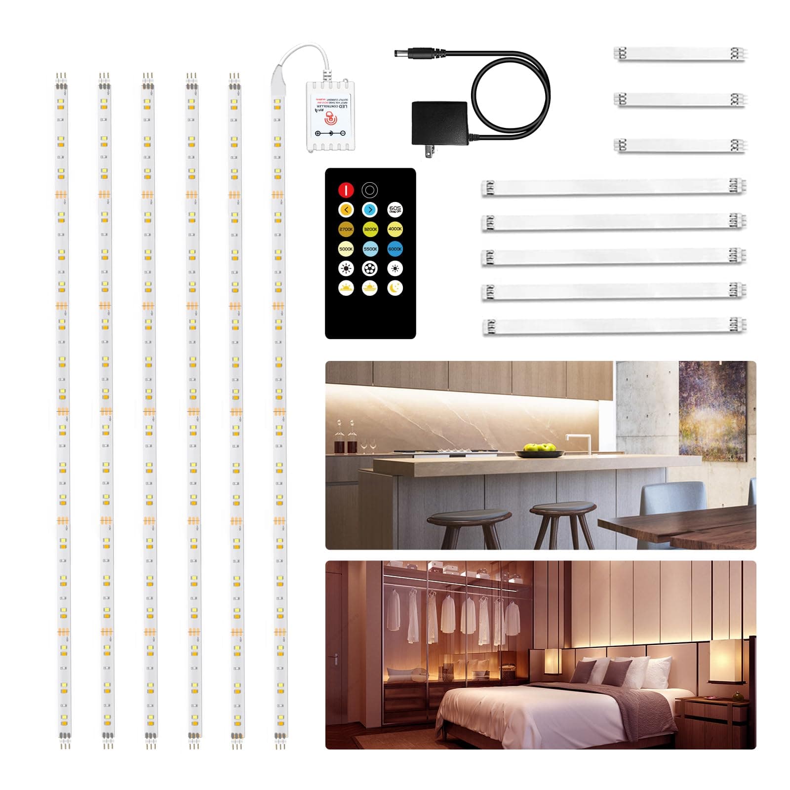 DAYBETTER Under Cabinet Lighting Kit, 6 PCS 20 Inch Under Cabinet Lights, 2700K-6500K Tunable White LED Strip Lights with Remote, 12V Adapter, LED Lights for Kitchen Cabinets, Shelf, Counter, 9.8ft