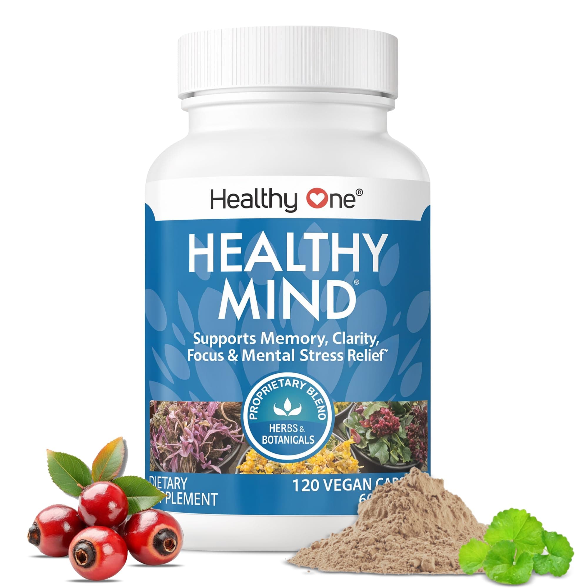 Healthy Mind - Safe for Teens - Brain Fog - Cognitive Function - Concentration - Focus - Neural Optimization - Mood - Ginkgo Biloba - Ginseng - Rhodiola - Bacopa - Gotu Kola - Green Tea - 120 Count