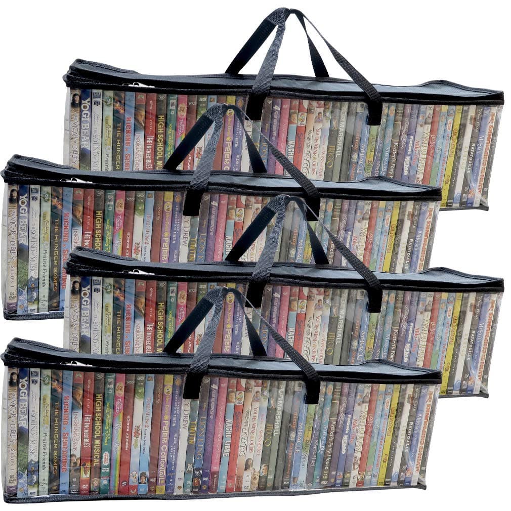 Evelots 4 Pack DVD/BluRay/Video-Storage Bag-New-Clear-Handle-Hold 200 with Cases Total