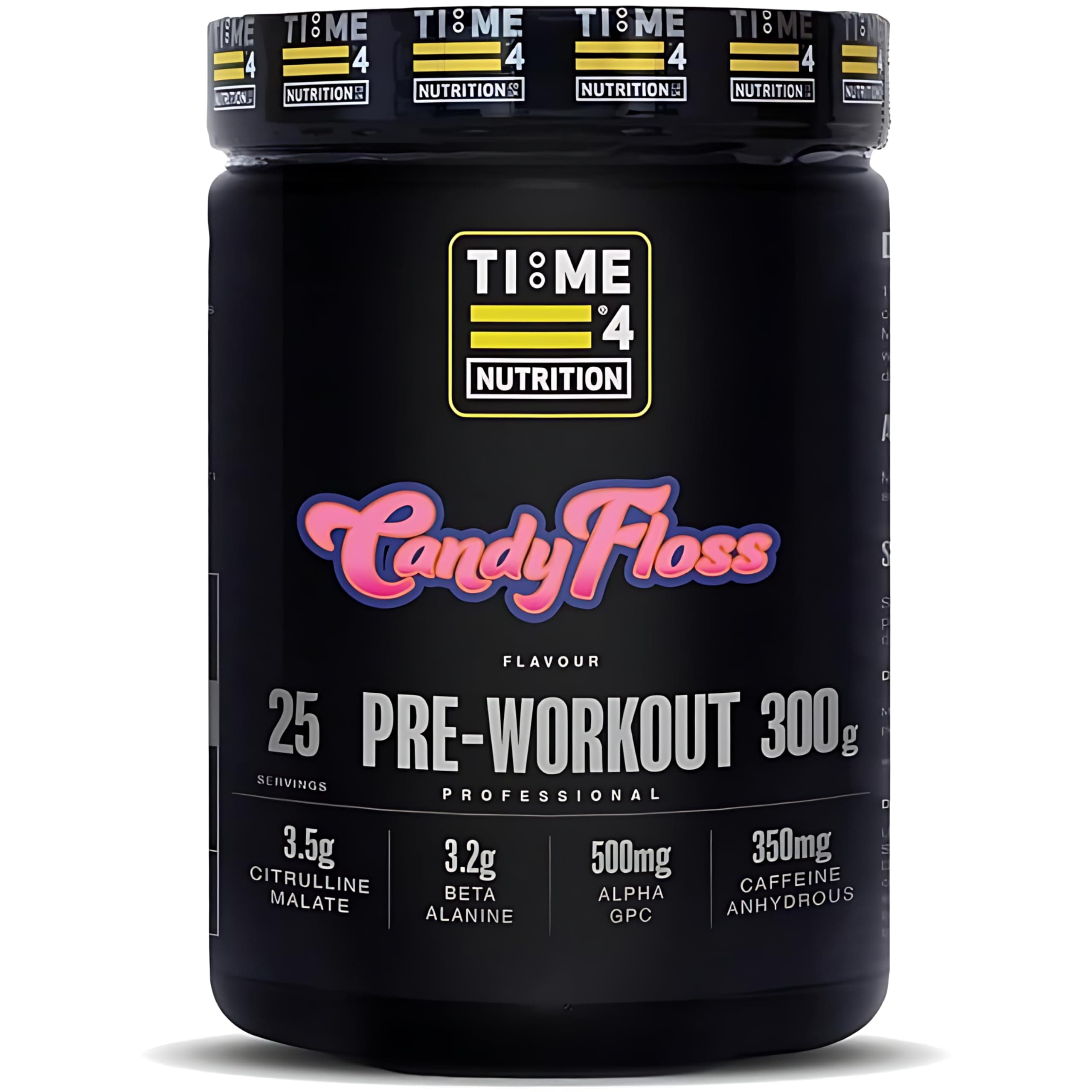Time 4 Pre Workout Professional High Strength Vegan Pre Workout Powder for Men & Women Energy Drink Zero Sugar with L Citrulline Malate, Beta Alanine, L-Tyrosine, Alpha GPC, Theacrine (Candyfloss)