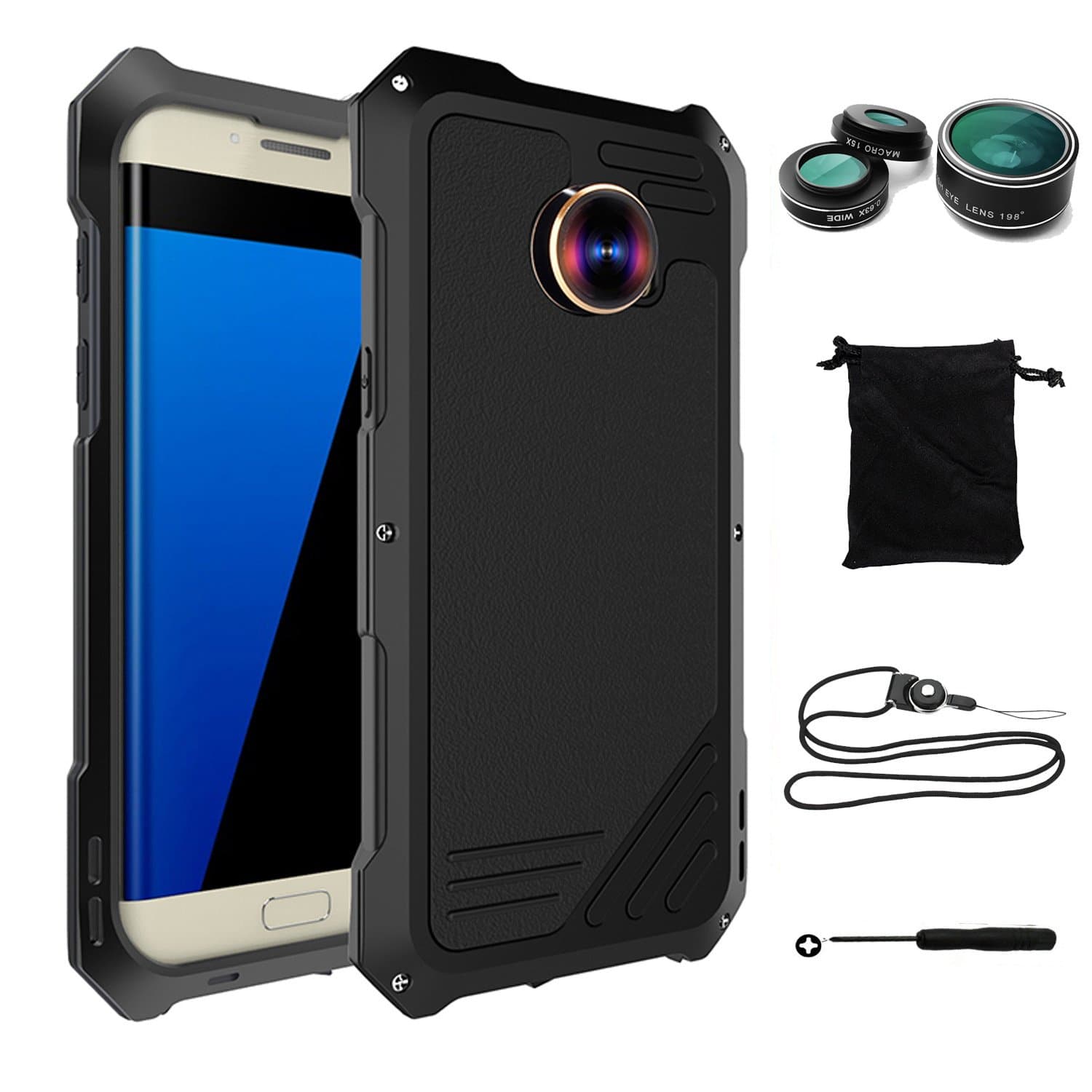 Galaxy S7 Edge Case, Dual Layer Slim Meta Fit Premium Rugged Armor 3D Silicone Hard Back Case Cover for Samsung Galaxy S7 Edge 2016 with 3 in 1 Fisheye Lens Lanyard Neck Strap Black Oynx