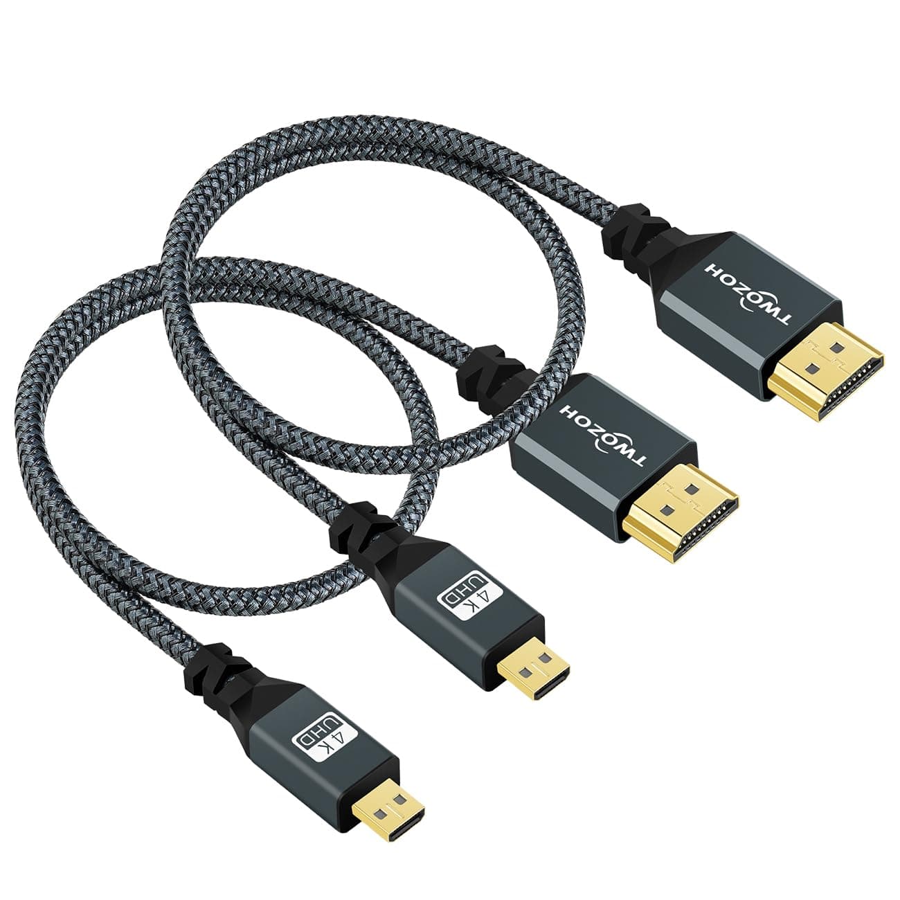 Twozoh Micro HDMI to HDMI Cable 0.3M 2 Pack, Nylon Braided Micro HDMI Cable Support 3D/4K@60Hz 18Gbps/2160P/1080P for GoPro Hero7/8/9 Raspberry Pi 4