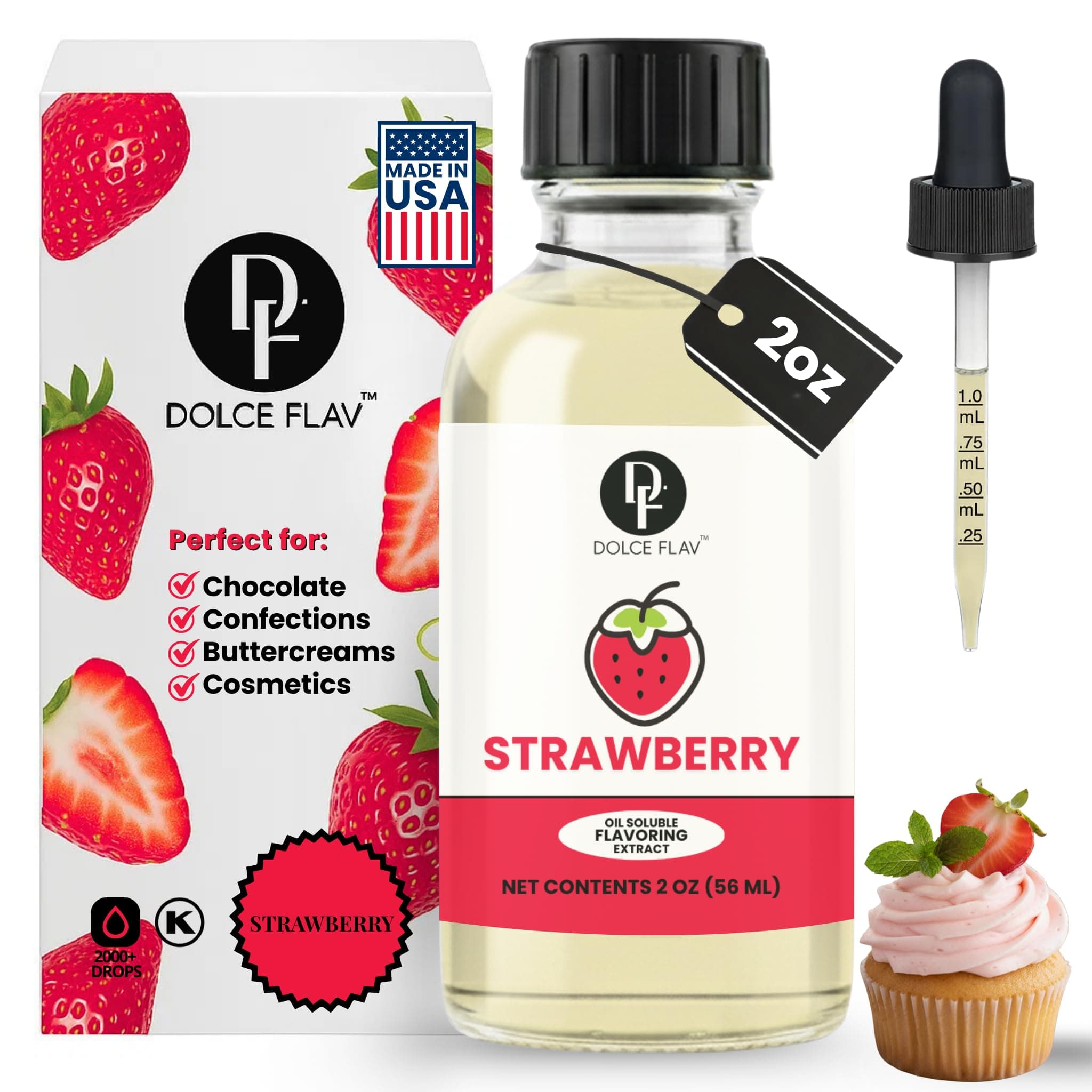 Dolce Flav Strawberry Extract – 2 Ounce Oil-Soluble Kosher, Sugar-Free, Concentrated Berry Flavor for Candy, Chocolates & Desserts, Includes Measured Dropper