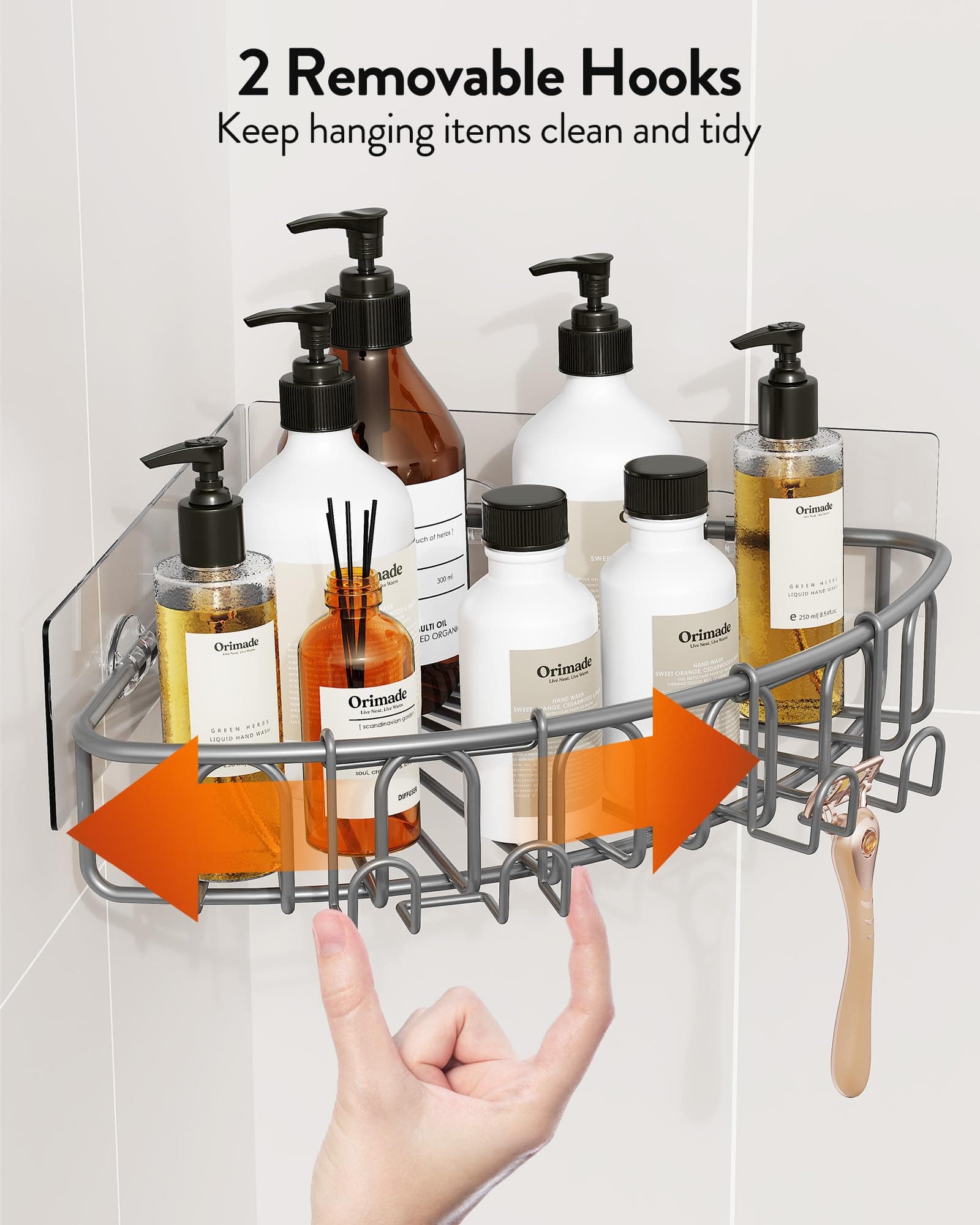 Orimade Corner Shower Caddy with 2 Hooks Wall Mounted Metal Bathroom Shelf Storage Organizer Adhesive No Drilling 2 Pack, Grey Only for 90-Degree Corner