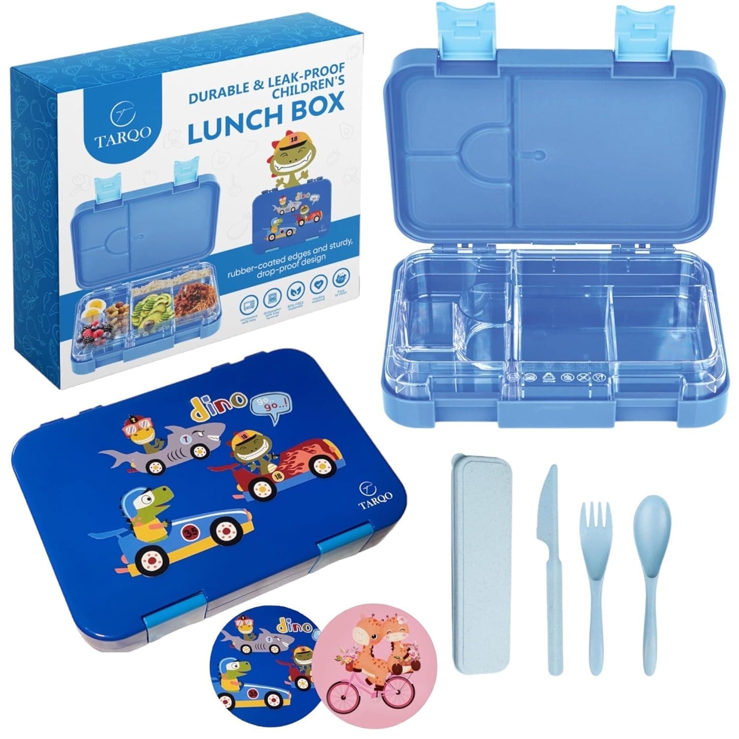 Dinosaur Lunch Box for boys,Leak Proof-durable-lightweight-easy to clean-safe, kids cute Bento lunchBox for School, Kindergarten with Cutlery set, Toddler insulated 4/6 Compartments 1100ml - Blue