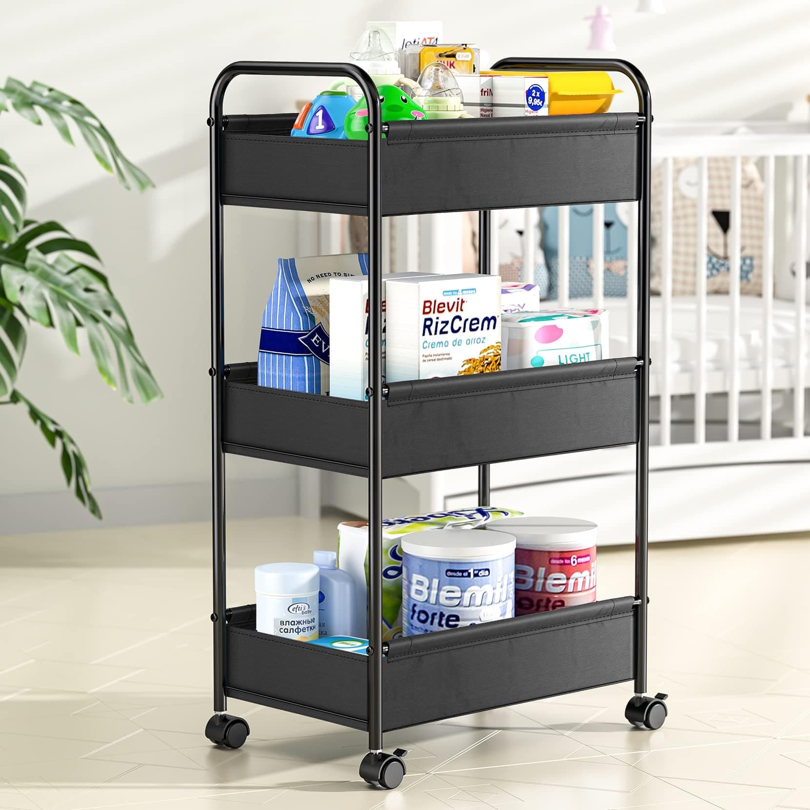 YASONIC 3 Tier Rolling Cart, Black, Easy Assembly, Lightweight, Move