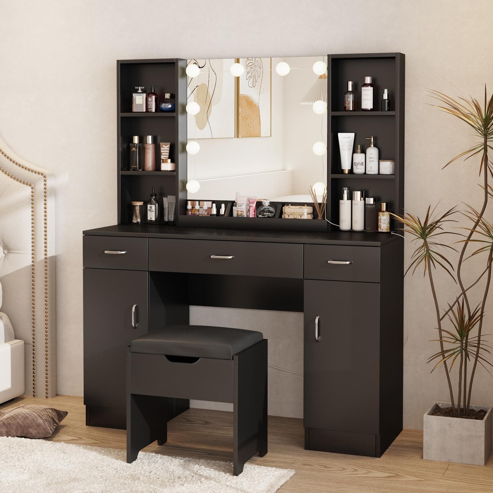 Makeup Vanity Desk with Lighted Mirror, 3 Lighting Colors, Large Black Vanity Table Set with Storage Stool, 3 Drawers, 2 Cabinets and Multiple Shelves 45.2in(W)